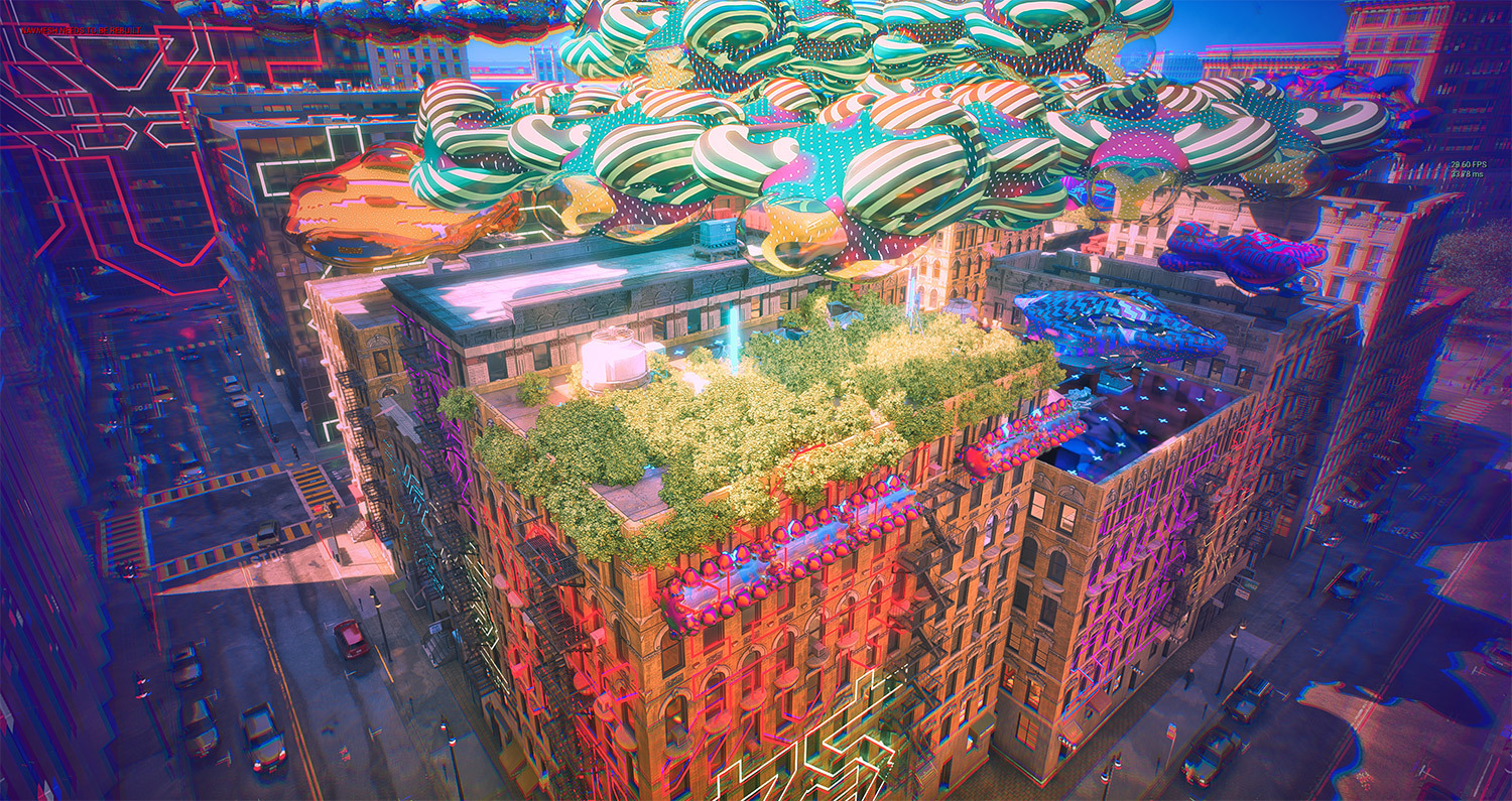 A CGI of a cityscape with colourful digital signage and forms