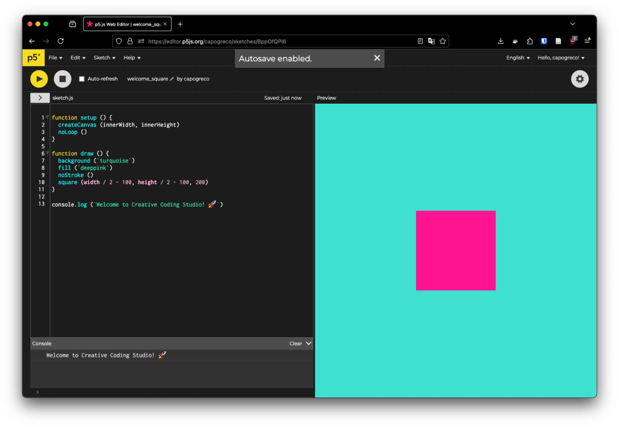 A web browser showing a split screen with code and a pink square