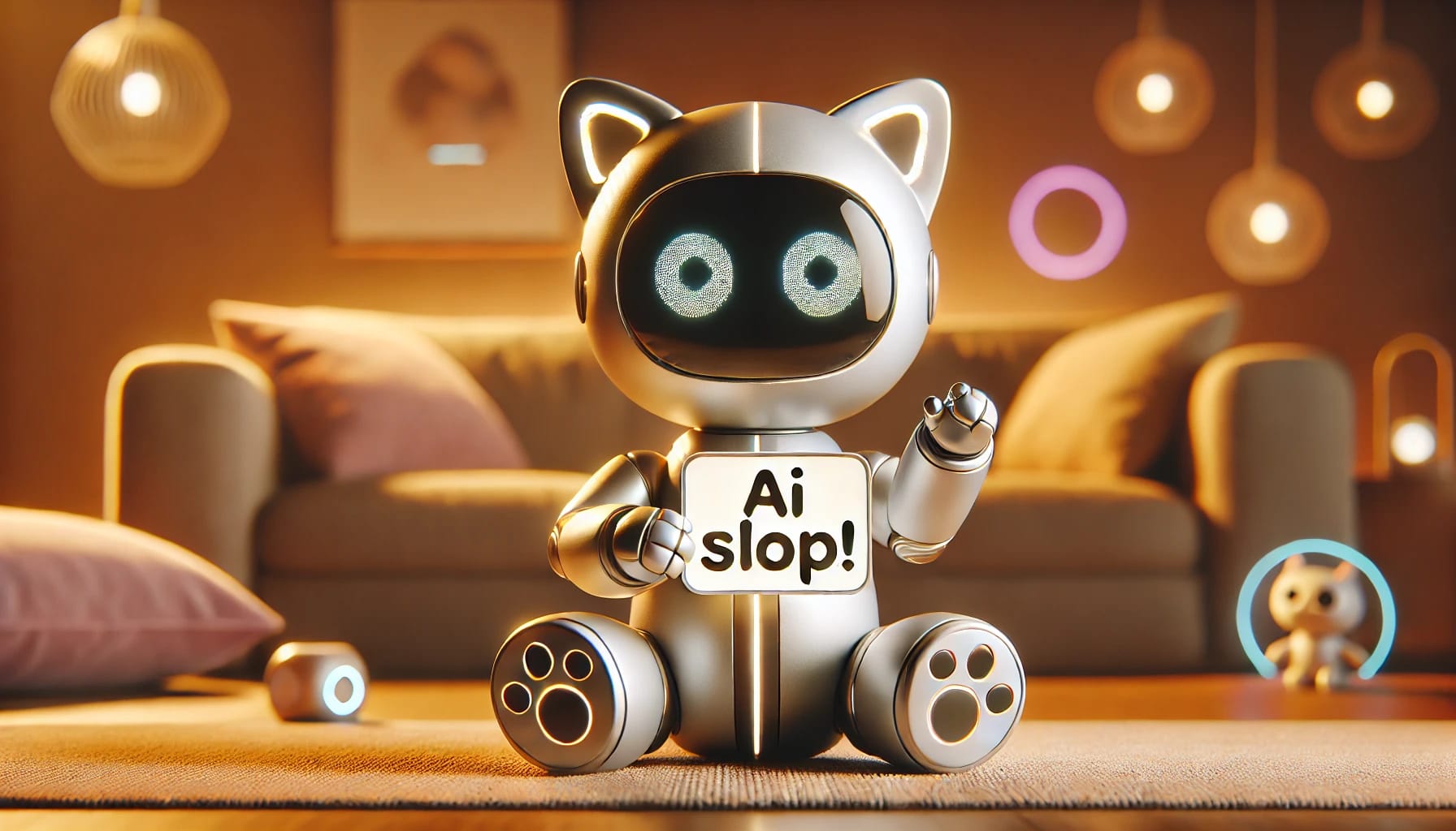 A robotic cat character sitting on a carpet with a sign that reads 'Ai slop!', a lounge room scene behind