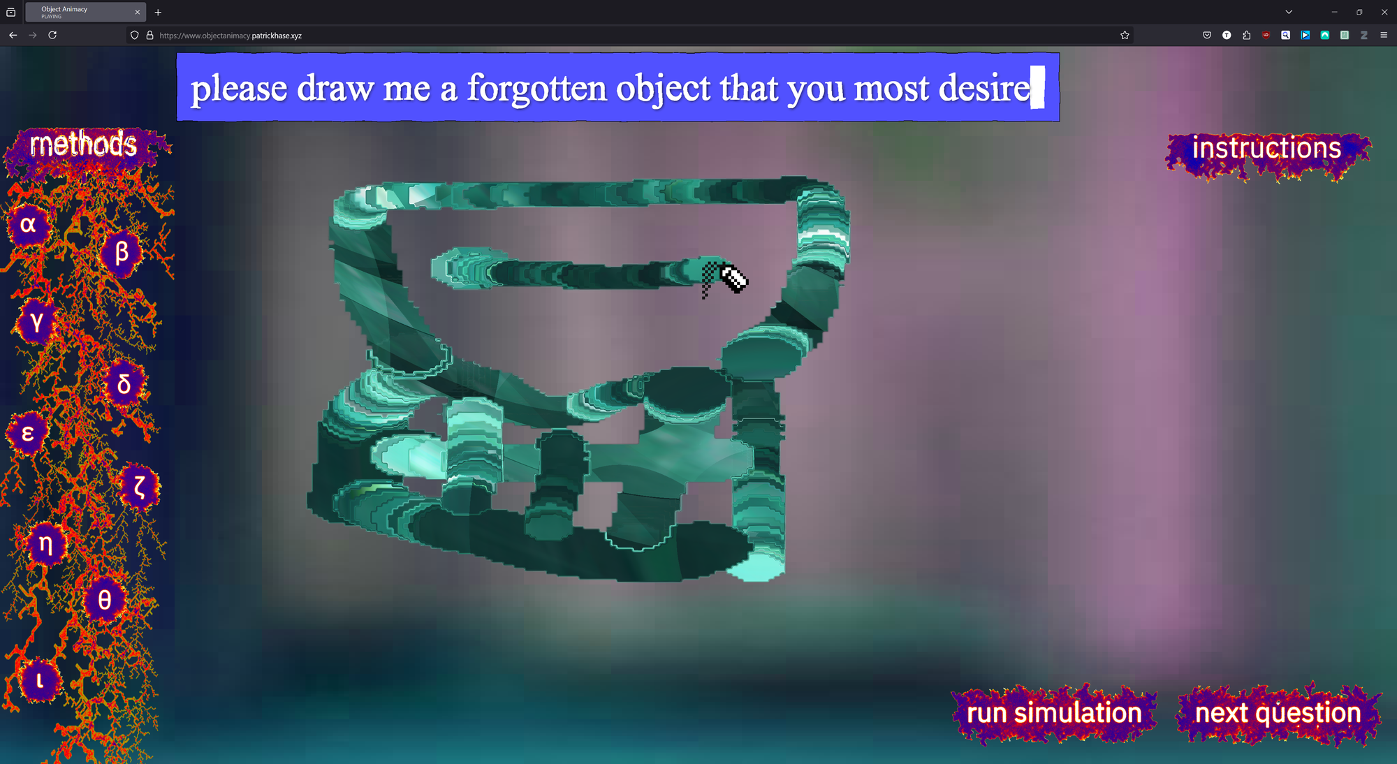 A UI with the text prompt 'please draw me a forgotten object that you most desire', a convoluted MS Paint style drawing and others interface elements