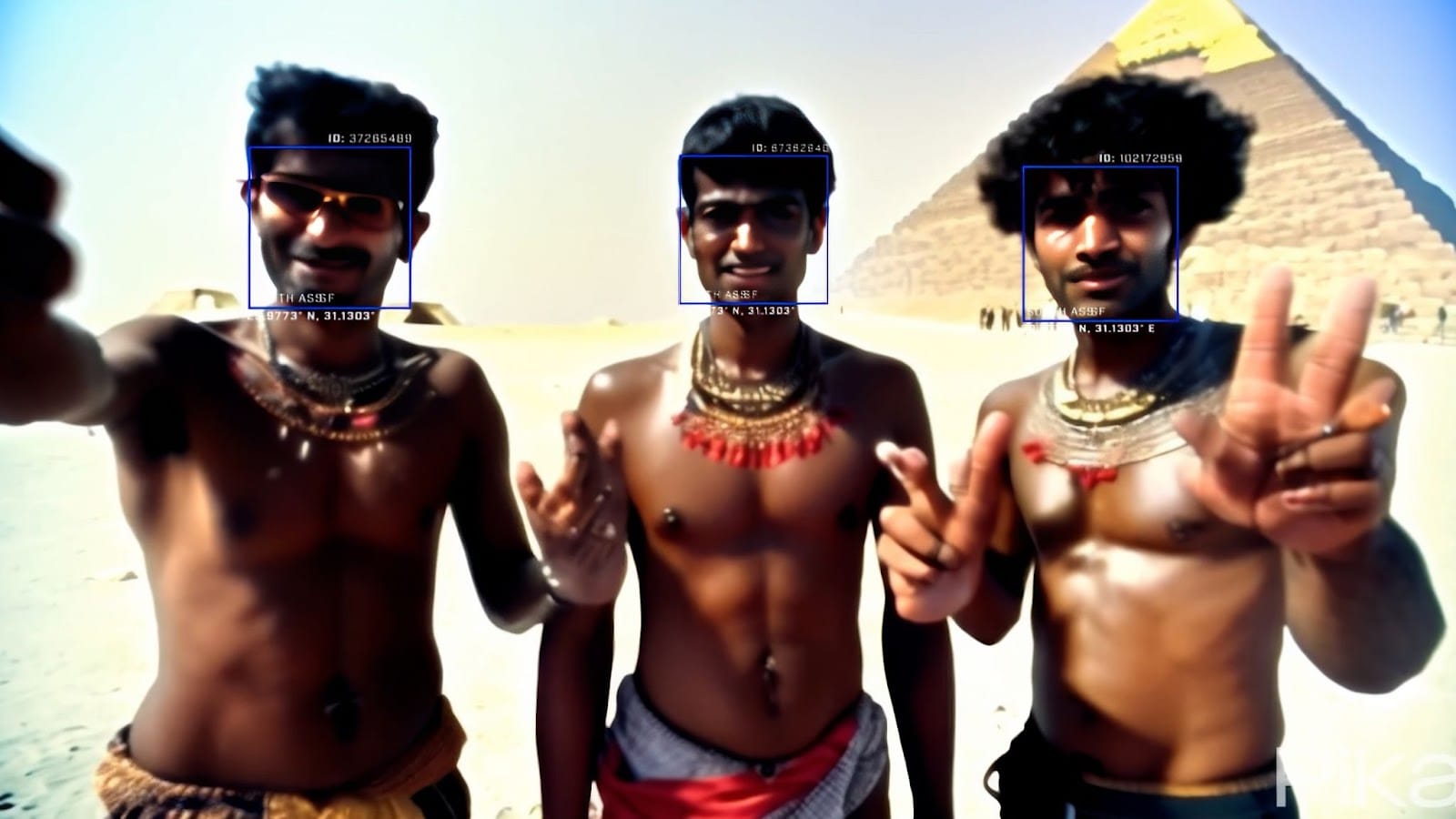 AI generated image of three men with dark skin standing in front of a pyramid gesturing and with computer vision ID boxes appearing over their faces